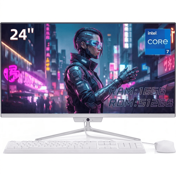 TOEMAAGIC All-in-One Desktop, 24" FHD Display, Intel Core i7 Processor Up to 4.0GHz, 16GB RAM 512GB SSD, White All-in-One PC with Wired Keyboard and Mouse