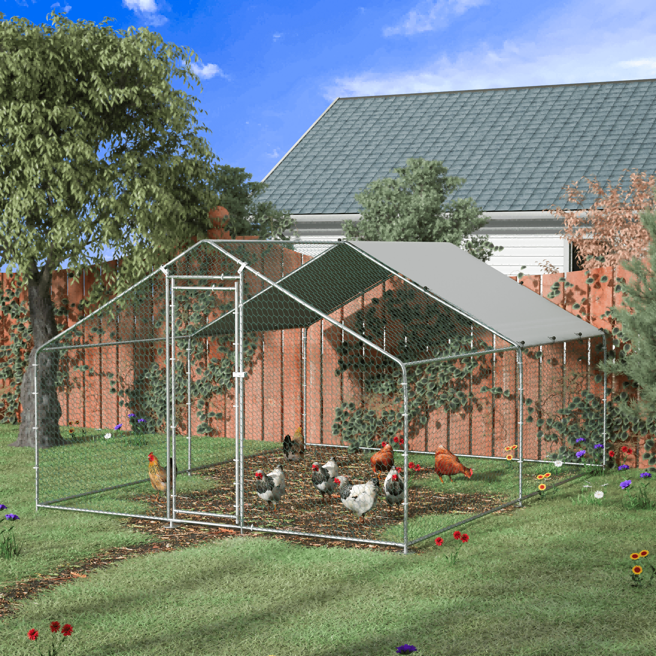 TOETOL XL Enclosed Outdoor Pet Coop, Metal Chicken Coop with Waterproof & Anti-Ultraviolet Cover for Backyard Farm