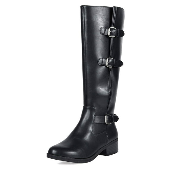 TOETOS Women Ladies Faux Leather Combat Casual Pull On Knee High Riding Boots MIRRAN BLACK Size 11