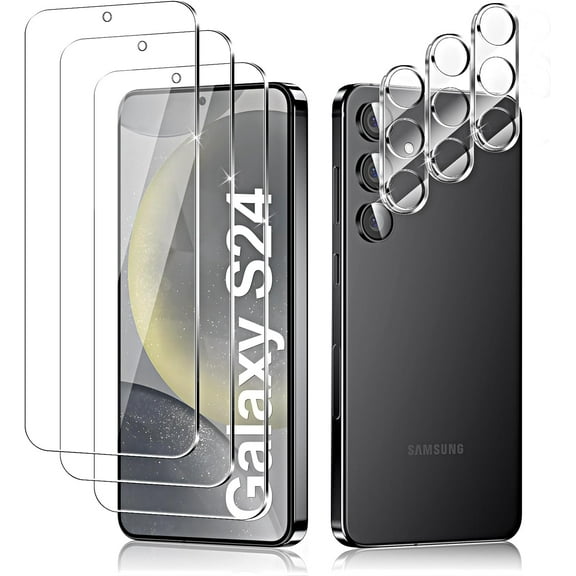 TOEVER [3+3 Pack] Samsung Galaxy S24 5G Screen Protector, 3 Pack Shatterproof Premium Tempered Glass + 3 Pack Camera Lens Film, Fingerprint Support, 9H Hardness, Easy Installation
