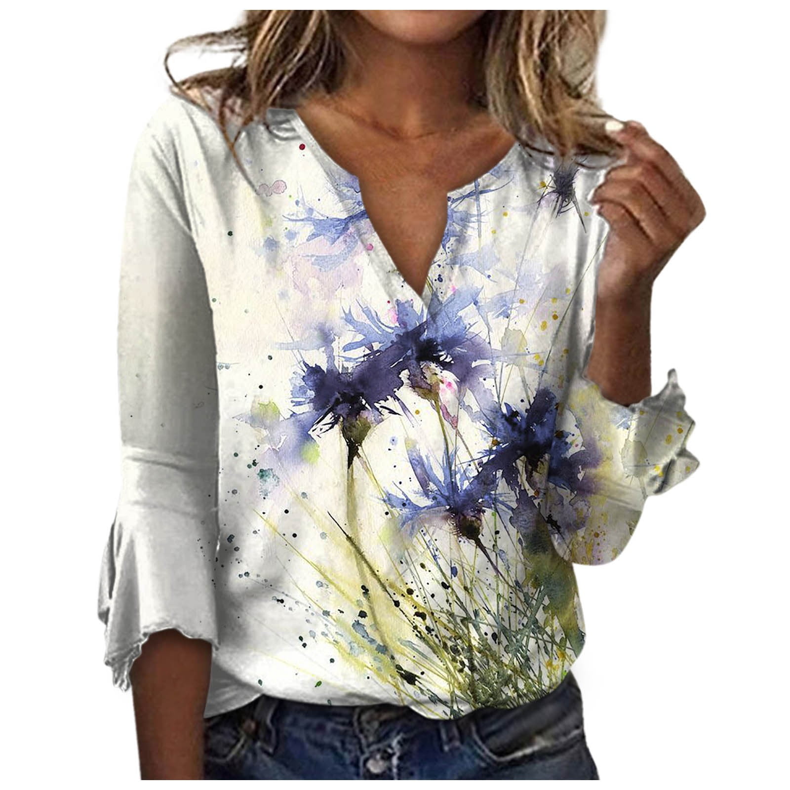  Cozirly Fashion Ethnic Tops for Women Floral Print Gradient 3/4  Sleeve Shirts Loose Fit Half Sleeve V Neck Blouse Hem Flowy : Clothing,  Shoes & Jewelry