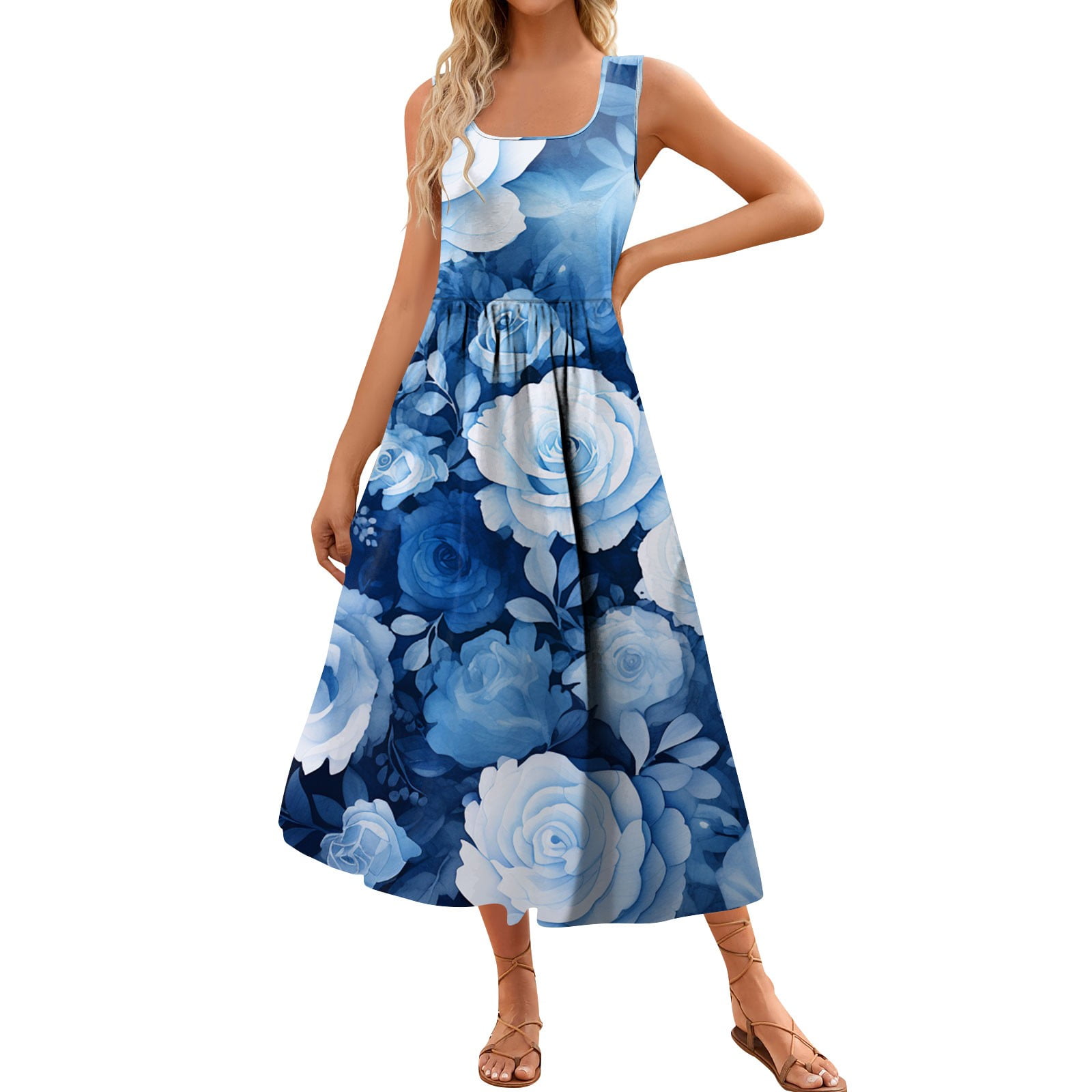 TOFOTL Women's 2024 Summer Maxi Dress Floral Print Sleeveless Square ...