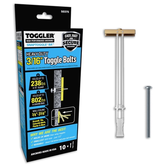 TOGGLER SNAPTOGGLE Heavy-Duty Drywall Toggle Bolt  3/16"-24 UNC Zinc-Plated Anchor for Hollow Walls, Plaster & Tile  Holds 238 lbs in 1/2" Drywall, Easy Install  10 Pack with Bolts