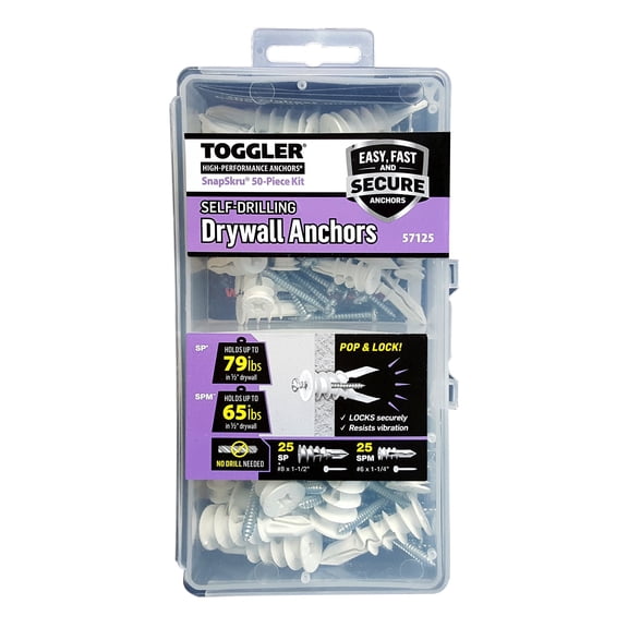 TOGGLER SnapSkru SP Self Drilling Drywall Anchors, Heavy Duty Anchors for Hollow Walls, Glass Filled Nylon, Fits #6–#10 Screws, Holds 79 lb in 1/2" drywall (Pack of 50 with Screws)