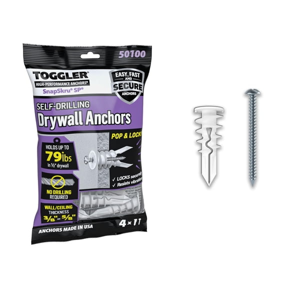 TOGGLER SnapSkru SP Self-Drilling Drywall Anchor - Glass-Filled Nylon - 4 Pack w/ Screws