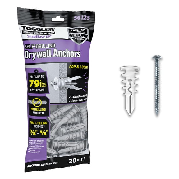 TOGGLER SnapSkru Self-Drilling Drywall Anchor - Hollow Wall Anchor - 20 Pack w/ Screws