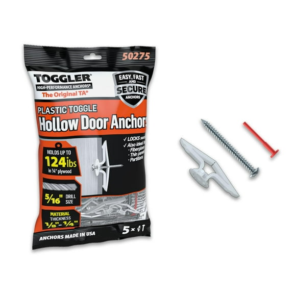 TOGGLER Toggle TA Hollow-Door Anchor with Screws, Polypropylene, Made in US, 1/8" to 1/4" Grip Range, For #8 to #12 Fastener Sizes Pack of 5