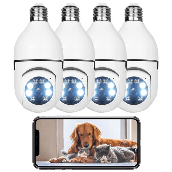 TOGUARD 1080P E27 Light Bulb Camera Outdoor Lightbulb Security Camera, Color Night Vision 2-Way Audio 360° Panoramic IP Dome Camera , 4PCS (Supports Only 2.4Ghz Wifi)