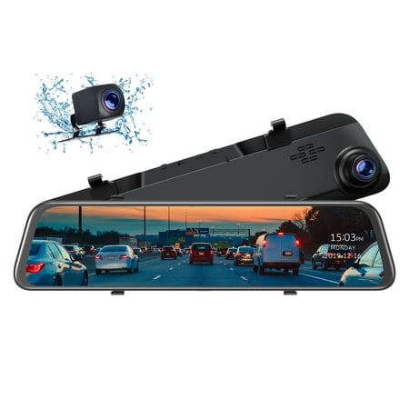 TOGUARD 2.5K Mirror Dash Cam with Voice Control GPS, 12" Wireless Rear View Mirror with Night Vision Waterproof Backup Camera, Front and Rear Dash Cam, Parking Monitoring, Loop Recording
