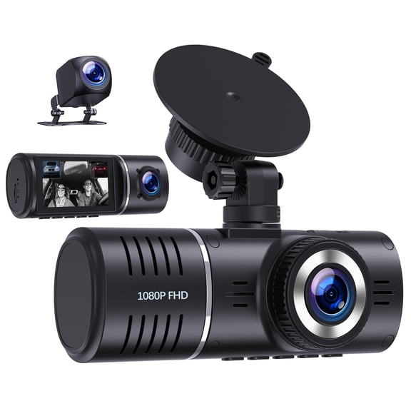 TOGUARD 3 Ch Dash Cam, 1080P Front + 720P Cabin & Rear Car Camera, 2.5" LCD Screen, 170 Wide Angle, Night Vision, Parking Mode, G-Sensor, Loop Recording