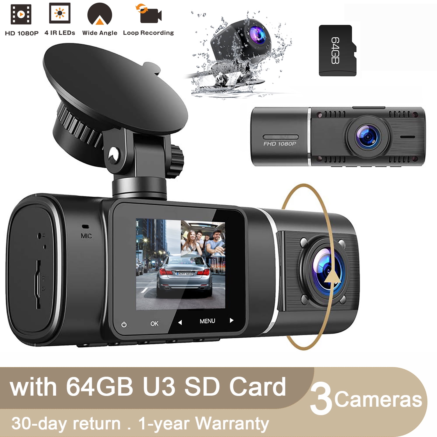 TOGUARD 3 Channel 1080P Dash Cam , 1080P+720P+720P Way Triple Car Camera,IR  Night Vision, 24 Hour Parking Mode,with 64GB SD Card