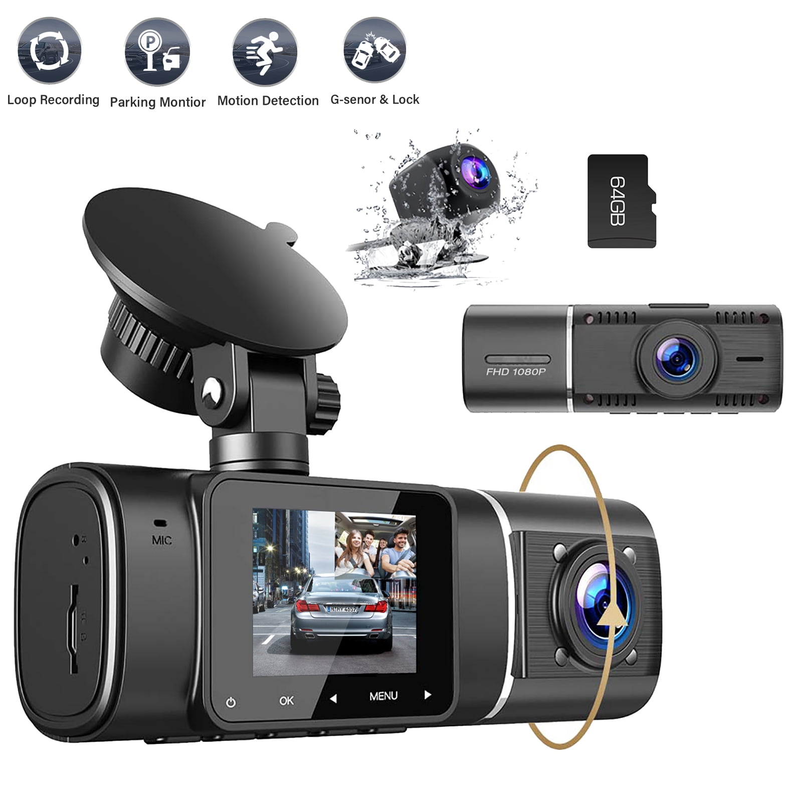 TOGUARD 3 Channel Dash Cam 1080P Dash Cam Front and Rear， with