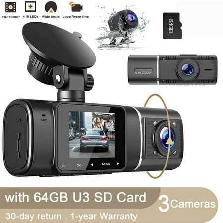TOGUARD 3 Channel Dash Cam Front and Inside 1080P Full HD 1.5” Car Camera, Free 64GB Card with IR Night Vision Loop recording, G-sensor, Parking Monitor, Easy Install