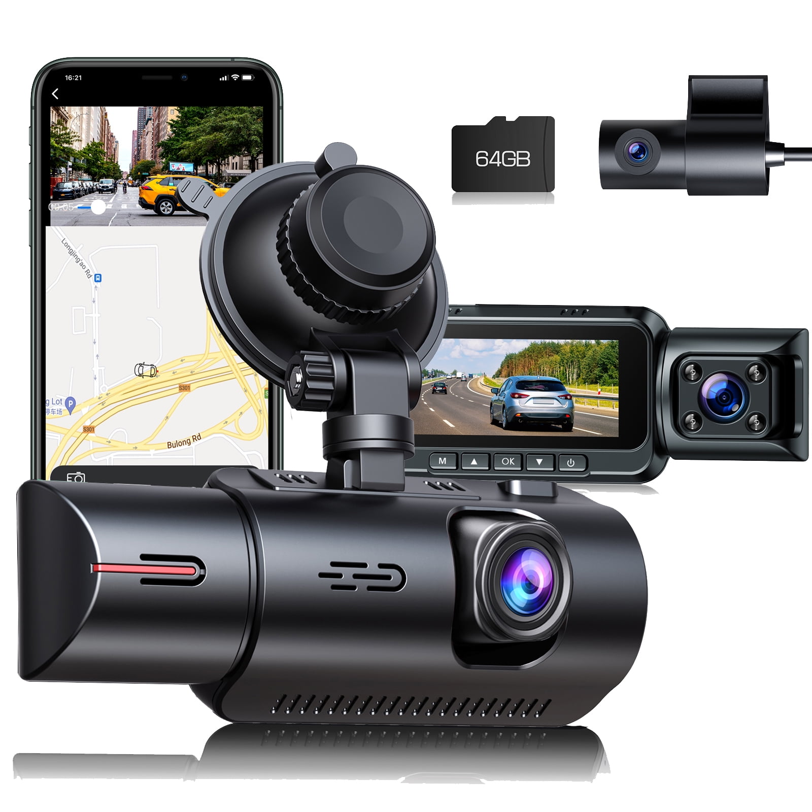 TOGUARD 3 Channel Dash Cam Front and Rear Insidewith 64GB U3 SD