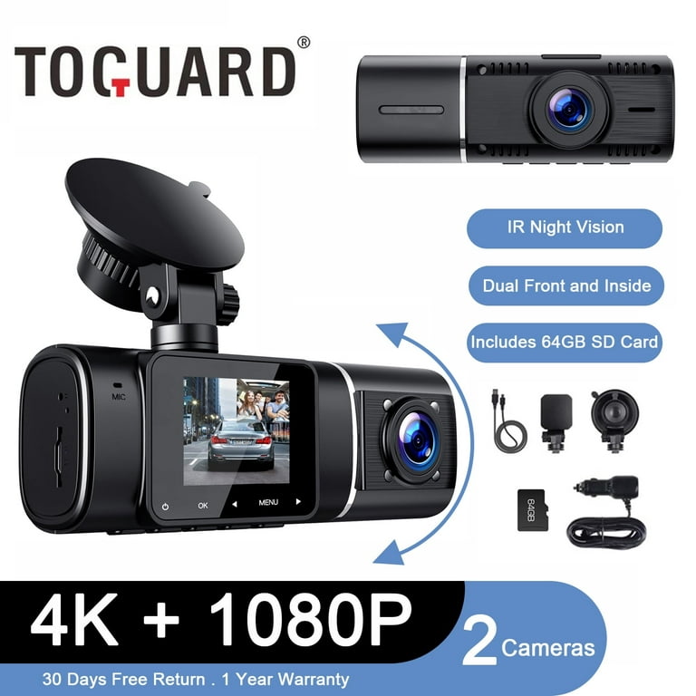 TOGUARD 4K Dual Dash Cam Front and Inside with 64GB U3 SD Card Car Camera  Driving Recorder with WDR, IR Night Vision,G-sensor, Loop recording,  Parking