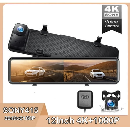 TOGUARD 4K Mirror Dash Cam 12" Touch Screen Dual Dash Cam Rear View Mirror Camera with App and GPS, Parking Assist, Super Night Vision