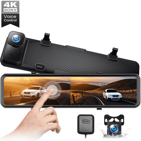 TOGUARD 4K Mirror Dash Cam, 12" Touch Screen Sensor Dual Dash Cam, Rear View Mirror Camera, with GPS, Parking Assist, Super Night Vision