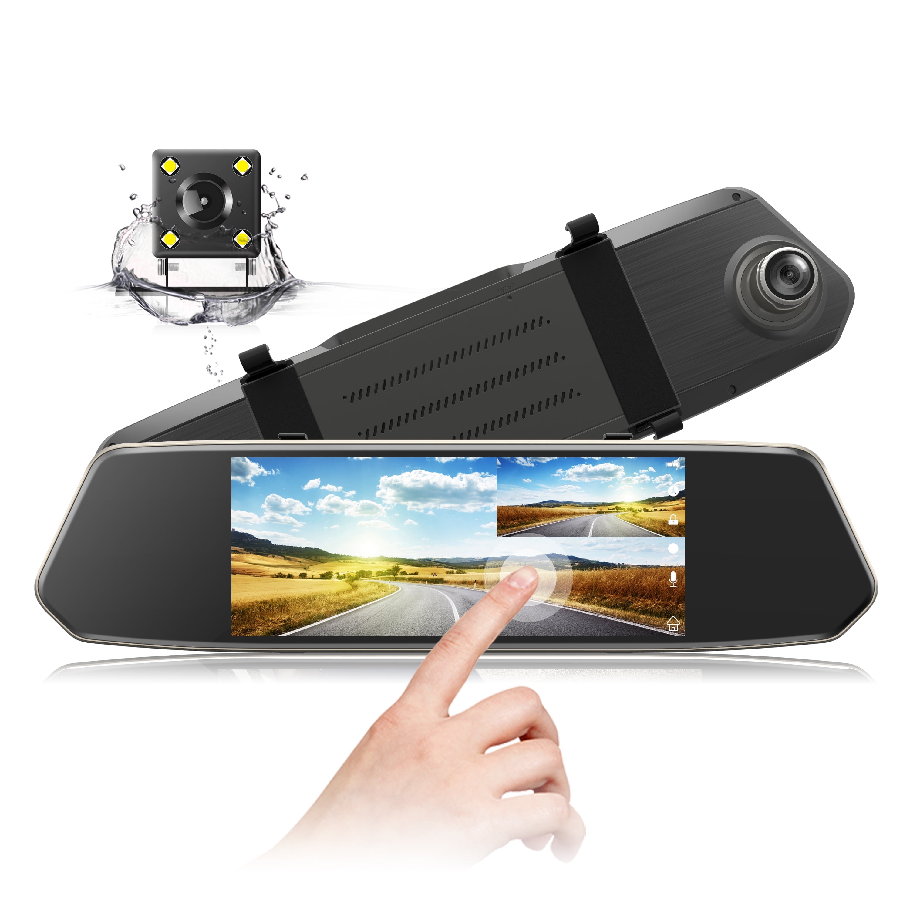 TOGUARD 1080P Dual Lens Mirror Dash Cam 7 Inch IPS Touch Screen Front Car Driving Recorder Camera and Rear View Waterproof Backup Camera 170 Wide