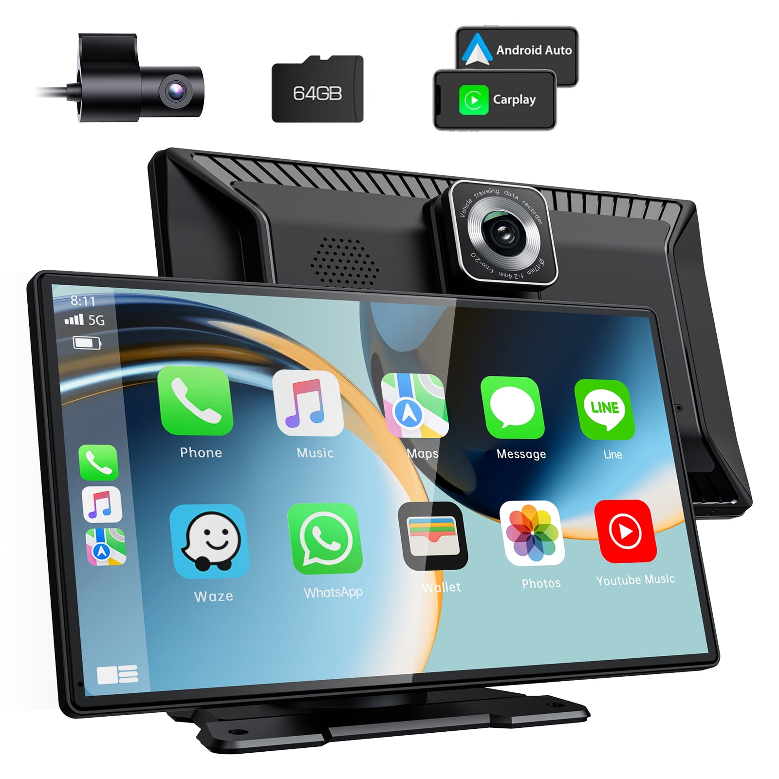 TOGUARD 9 Inch Wireless Car Stereo Apple CarPlay with 2.5K Dash Cam, Portable Touchscreen GPS Navigation with 1080P Backup Camera, Bluetooth, Android Auto, Mirror Link, AUX, FM