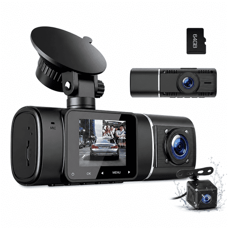 TOGUARD 3 Channel 1080P Dash Cam, Car Camera with Inside Rear Night Vision, 64GB SD Card, 170° Wide Angle, G-Sensor, Parking Mode