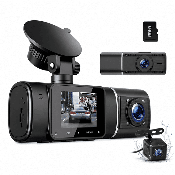 TOGUARD 3 Channel 1080P Dash Cam, Car Camera with Inside Rear Night Vision, 64GB SD Card, 170 Wide Angle, G-Sensor, Parking Mode