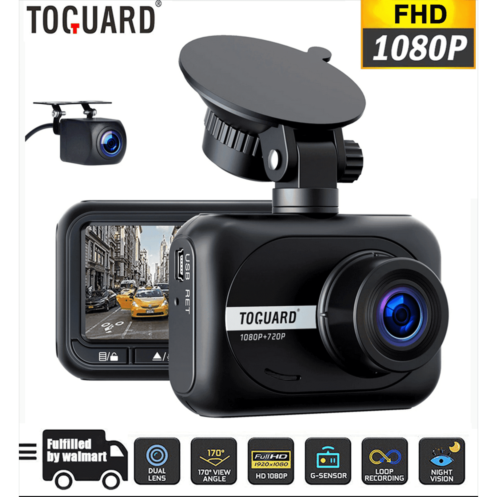 TOGUARD Dash Cam Front and Rear 1080P Dual Car Camera with 2.45'' LCD Screen Parking Mode G-Sensor Night Vision Loop Recording WDR IP68 Waterproof Rear Camera