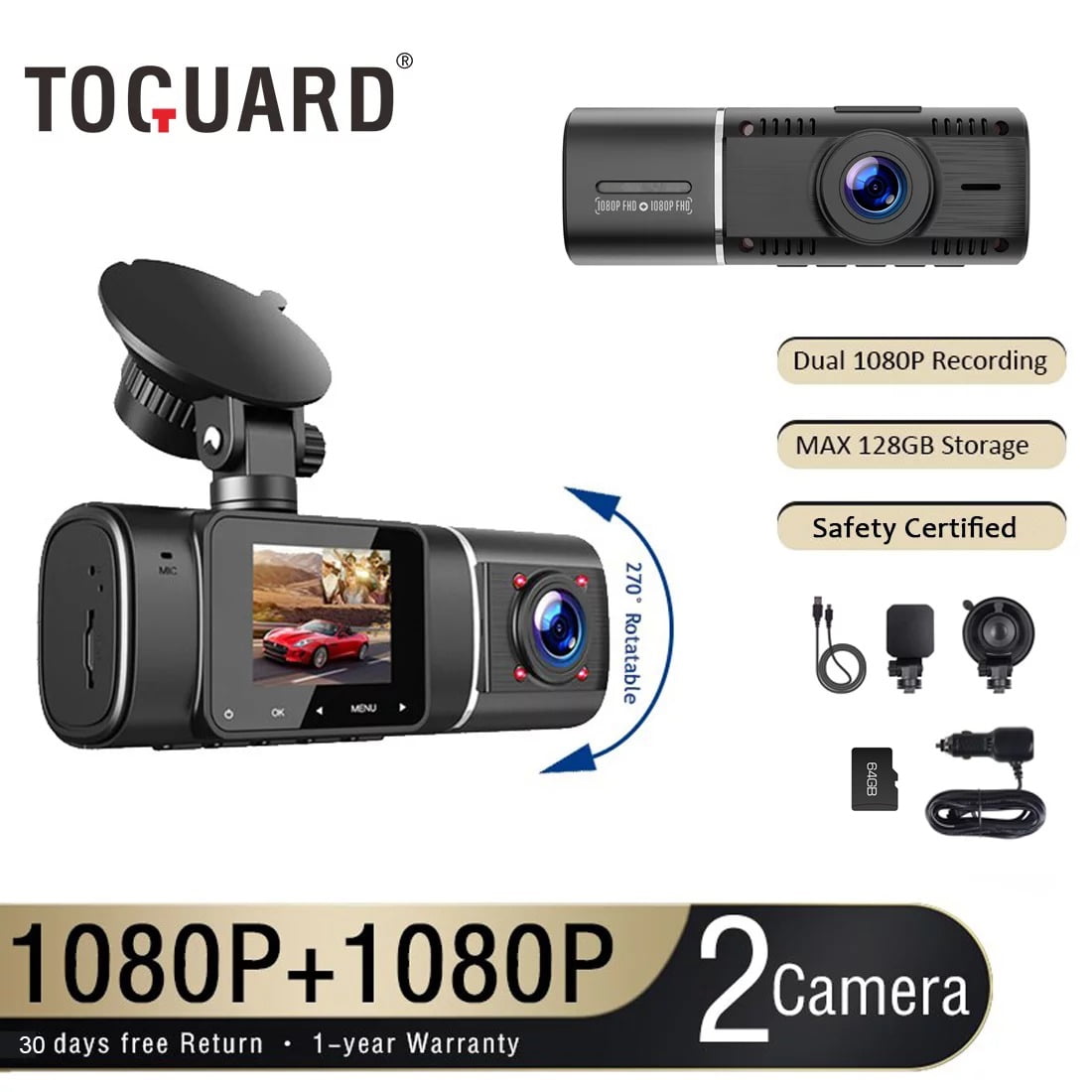 TOGUARD 3 Channel Dash Cam Front and Rear Insidewith 64GB U3 SD Card, 4K  Car Camera Built-in WiFi GPS IR Night Vision Dash Camera with Loop  Recording