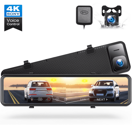 TOGUARD 4K Mirror Dash Cam Front and Rear, 12" car camera with GPS Tracking, Voice Control, Touch Screen, Night Vision, Backup Assist & Parking Mode
