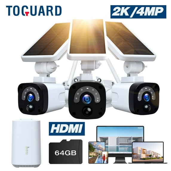TOGUARD SC04 2K/4MP Solar Security Camera System Outdoor Battery WiFi Wireless Bullet Surveillance Camera NVR HDMI Connector