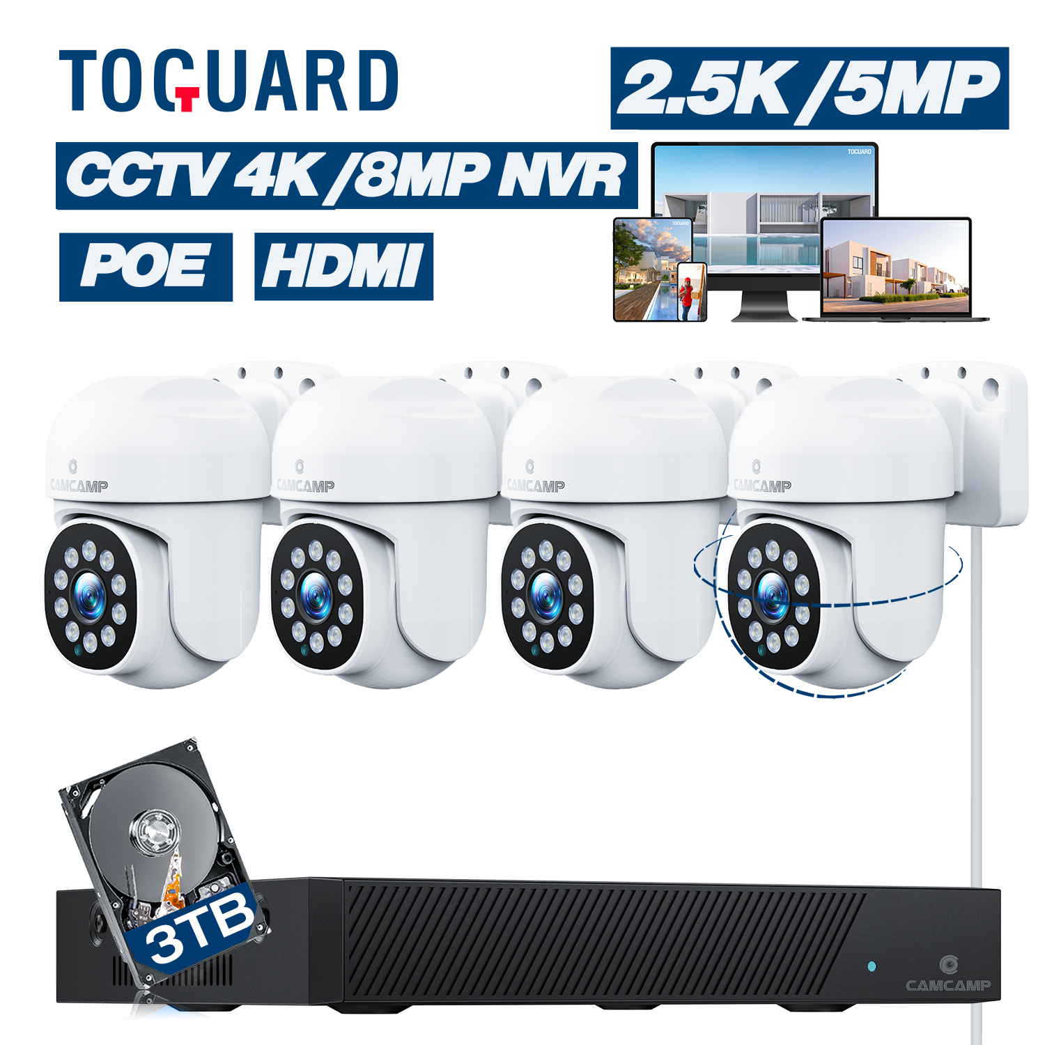TOGUARD SC36 5MP POE Security Camera System Outdoor with 4K 8CH Expandable CCTV NVR 4Pcs 2.5K PTZ Dome Surveillance Cameras 3TB Hard Drive HDMI Connector - image 1 of 10