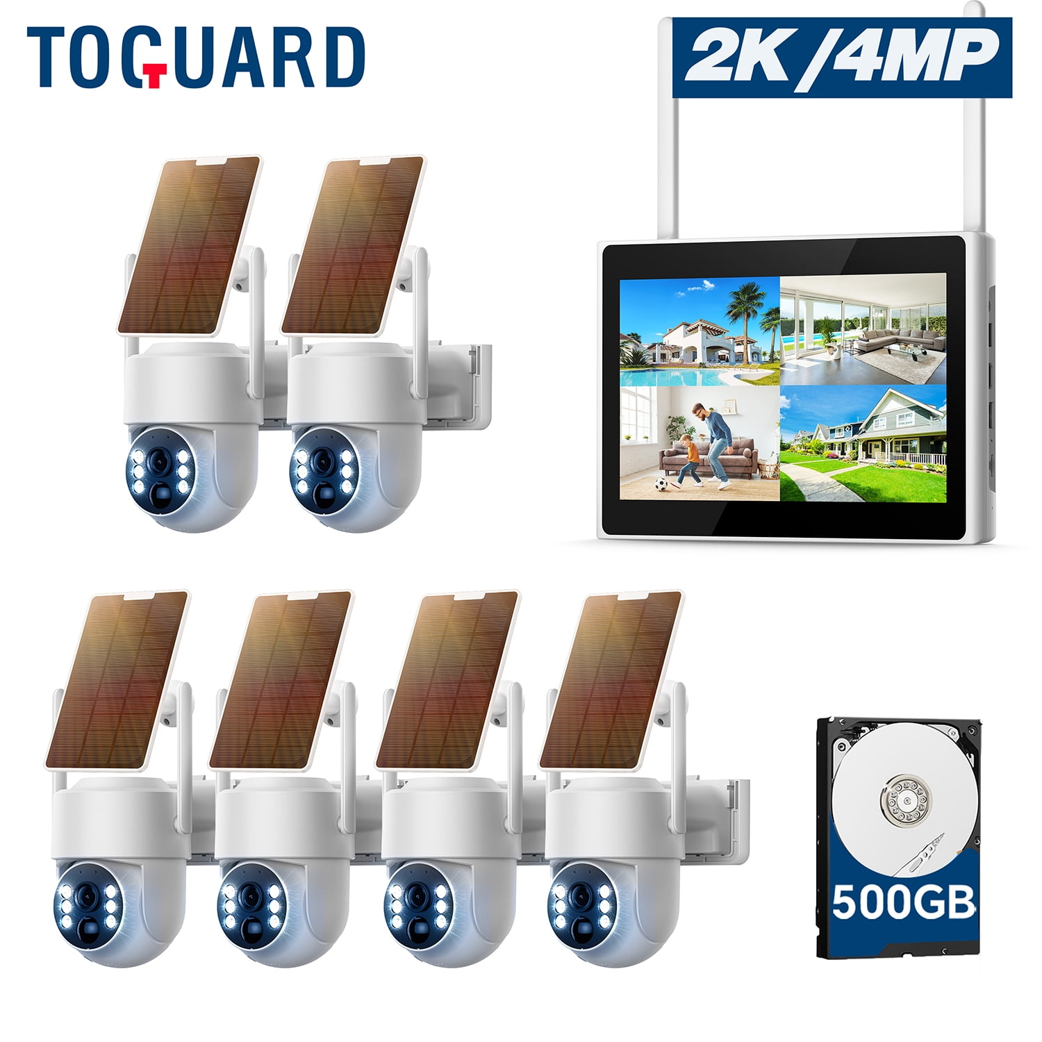 TOGUARD SC43 2K/4MP Solar Wireless Security Camera System with 10CH 10.1" NVR Monitor Dome Surveillance Camera HDMI Connector