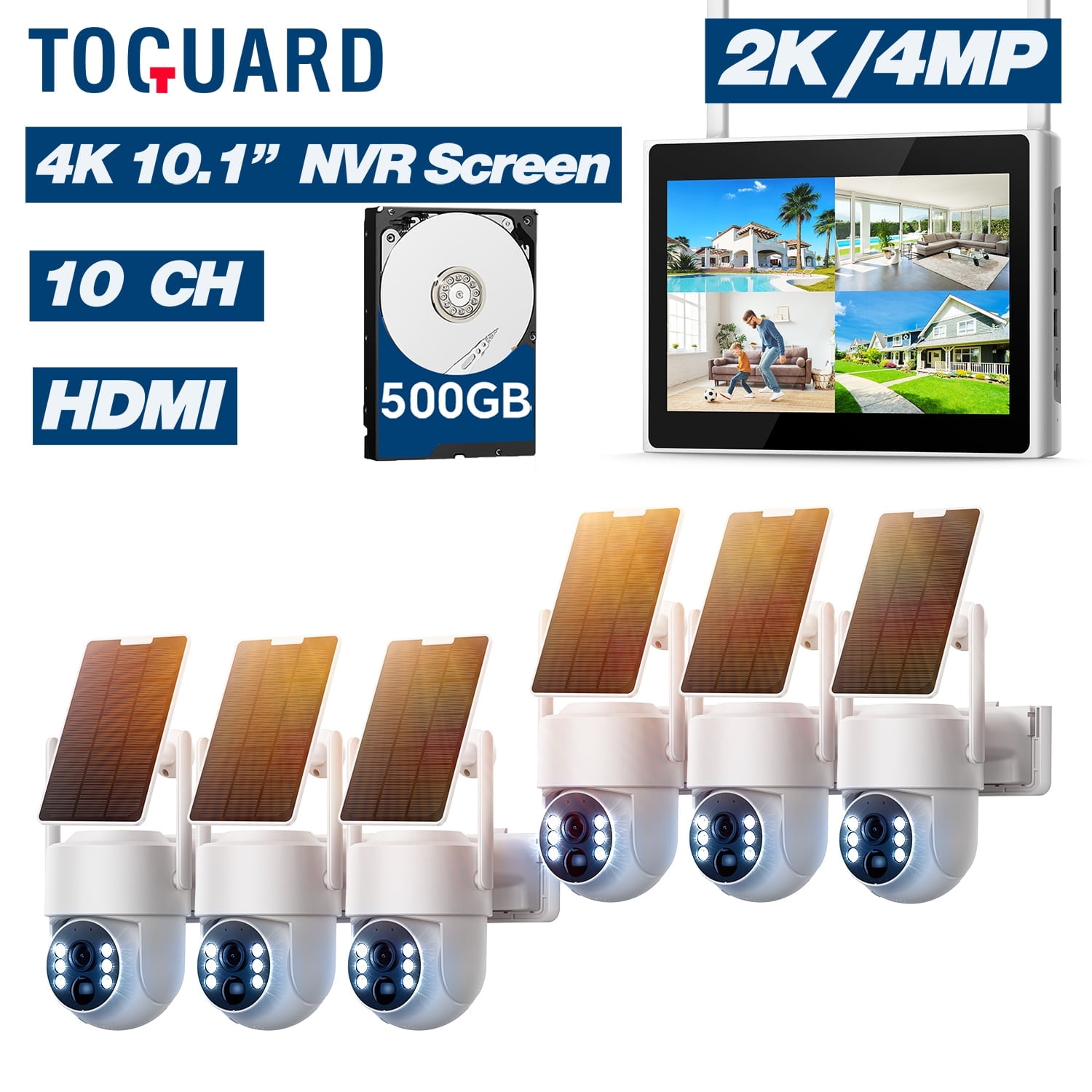 TOGUARD SC43 2K/4MP Solar Wireless Security Camera System with 10CH 10.1" NVR Monitor Outdoor Battery WiFi Dome Surveillance Camera HDMI Connector