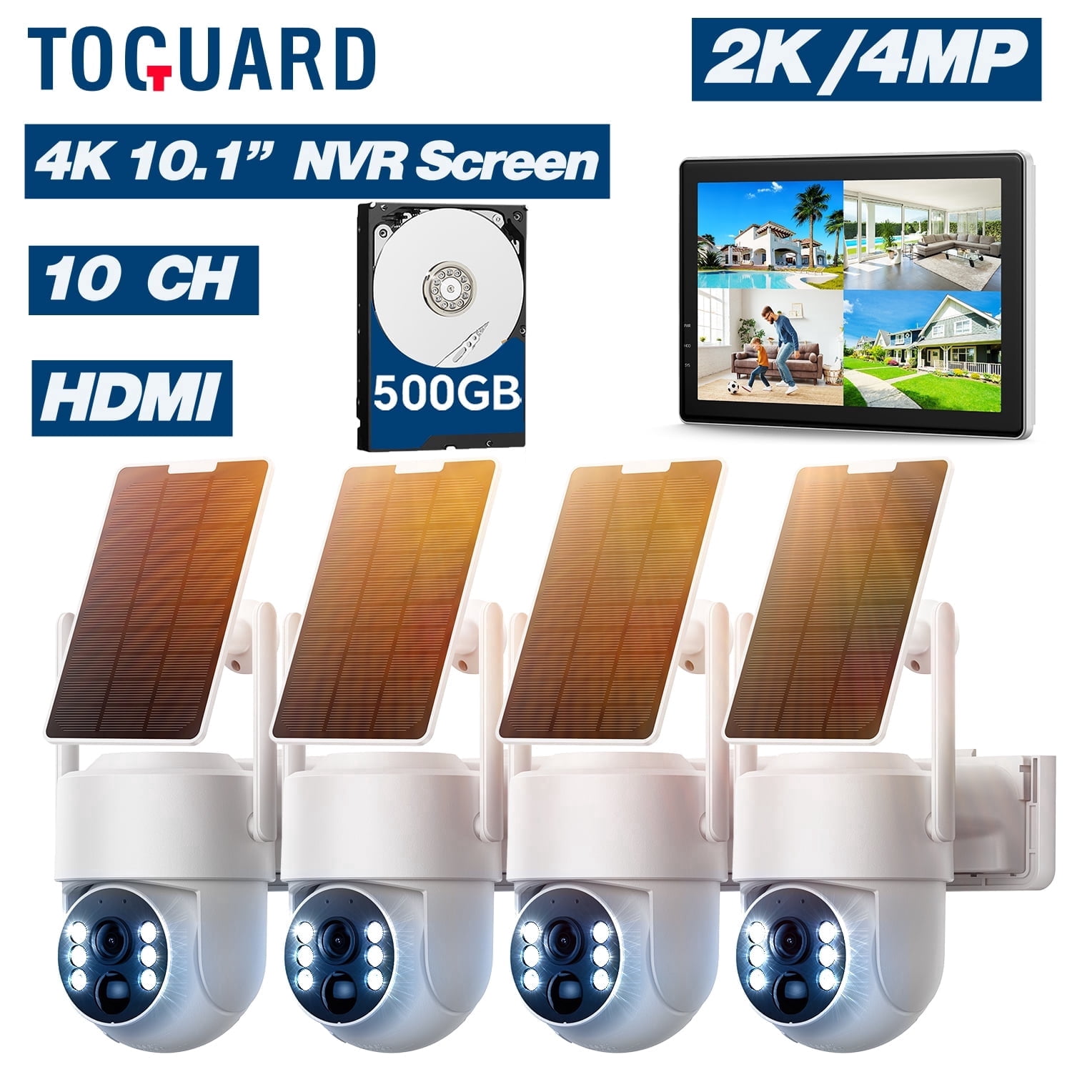 TOGUARD SC43 2K/4MP Solar Wireless Security Camera System with 10CH 10.1" NVR Monitor Outdoor Battery WiFi Dome Surveillance Camera HDMI Connector