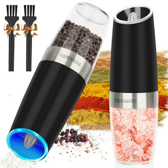 TOIAMOI Electric Pepper and Salt Grinder Set, Adjustable Coarseness, One Hand Automatic Operation, Battery Powered with LED Light & 2 Utility Brushes for Home Kitchen BBQ