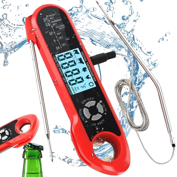 Ocalpur Digital Meat Thermometer with Smart Alarm, Dual Probe & Bottle Opener - Waterproof Cooking Thermometer for Oven, Grill, BBQ, Magnetic Back & Hanging Design