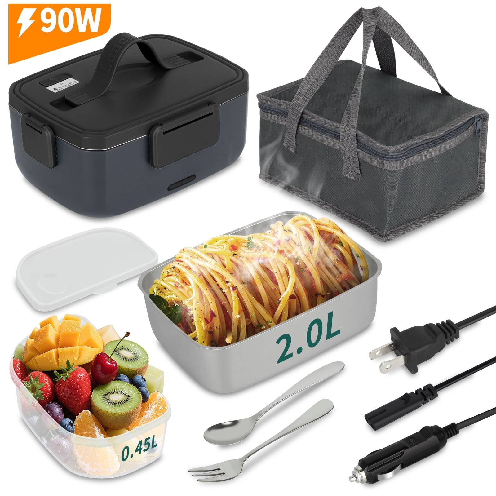 Ocalpur 2L Portable Electric Lunch Box, 110V/12V Car & Home Dual Use, PTC Heating & 304 Stainless Steel, 90W Quick Food Warmer Heated Lunch Box, Leakproof Food Heater for Office, Gray