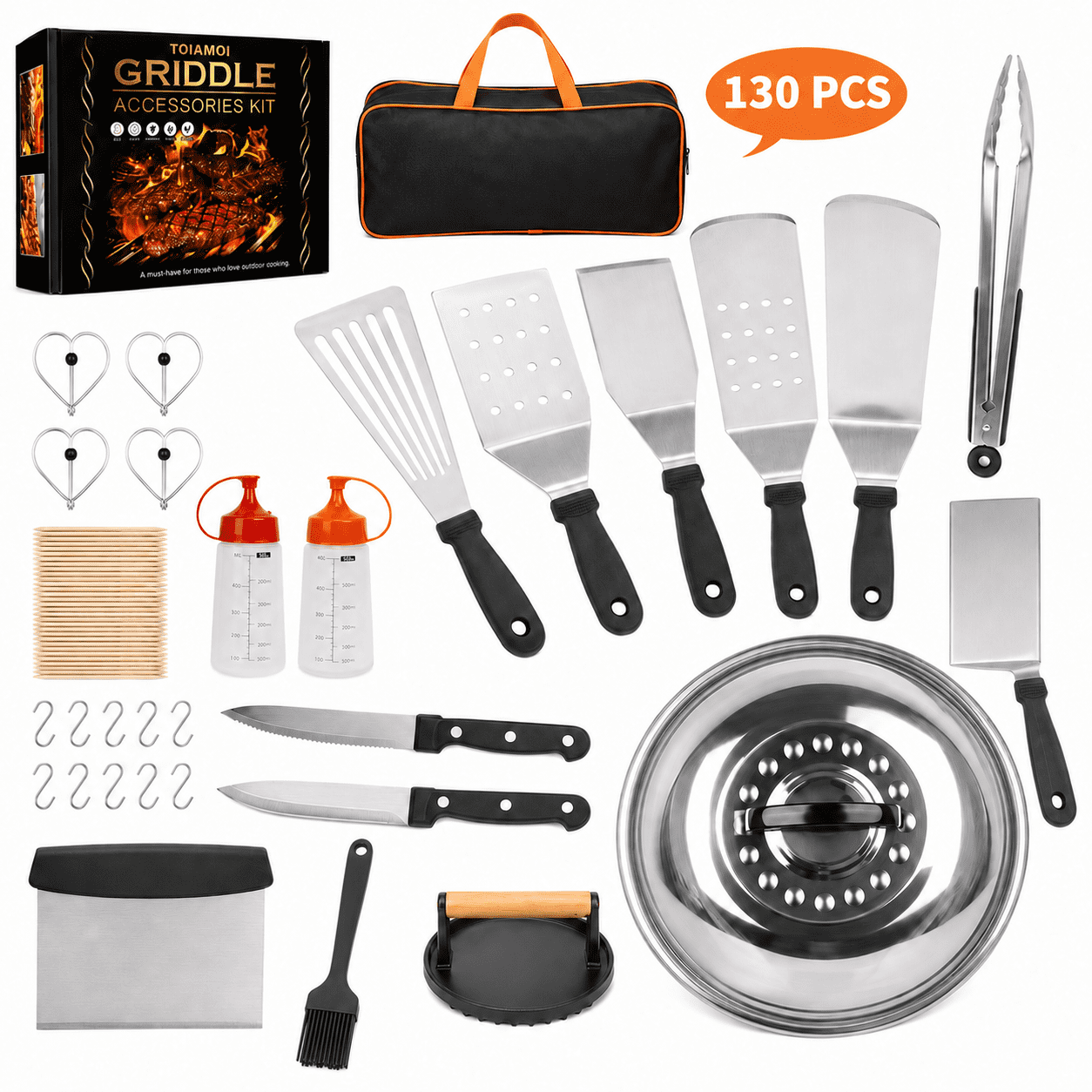 Ocalpur  Griddle Accessories Kit, 130 PCS Stainless Steel Griddle Accessories Set for Blackstone, Professional Grill BBQ Spatula Set for Outdoor Camping
