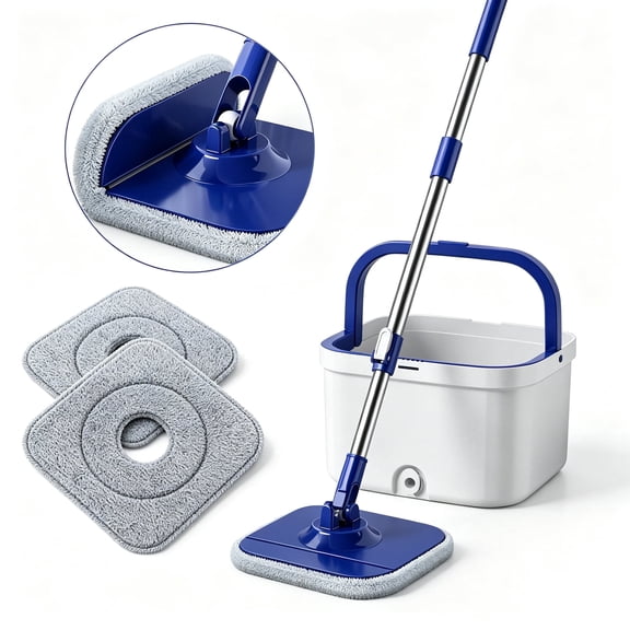Ocalpur Mop and Bucket Set, Spin Mop Set with Separate Dirty Water System, Flat Mops with 2 Reusable Microfiber Mop Pads, Deep-Cleaning Mops for Floors Walls