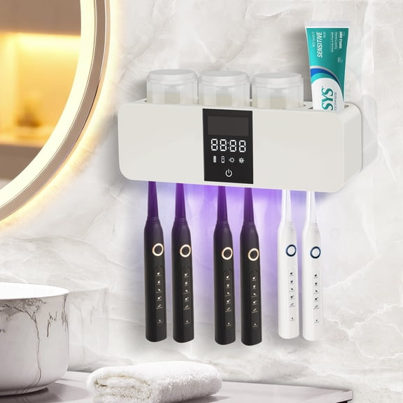 TOIAMOI Smart Toothbrush Holder with LED Display, Cleaning and Air Drying and Timer Function, 6 Slots & 3 Removable Cups, No Drilling Installation for Bathroom (White)