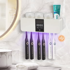 Ocalpur Smart Toothbrush Holder with Air Drying, LED Display, Cleaning and Timer Function, 6 Slots & 3 Removable Cups, No Drilling Installation for Bathroom (White)