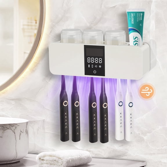 Ocalpur Smart Toothbrush Holder with Air Drying, LED Display, Cleaning and  Timer Function, 6 Slots & 3 Removable Cups, No Drilling Installation for Bathroom (White)