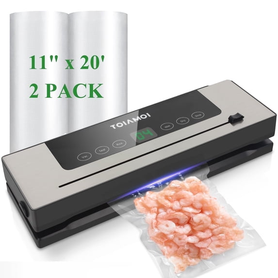 TOIAMOI Vacuum Sealer, Wet and Dry Food Storage, Built-in Cutter with 2 Pack Vacuum Seal Bags Roll 11in * 20ft , Silver