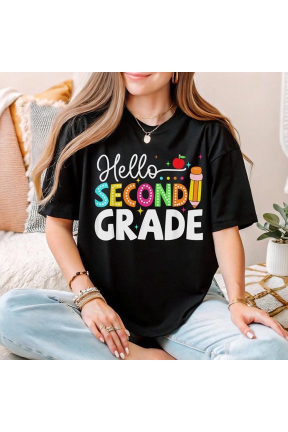 Hello Second Grade Teacher T-Shirt Back to School Tee | Fun 2nd Grade Shirt for Women Students | Cute Pencil Apple Design Teacher Gift