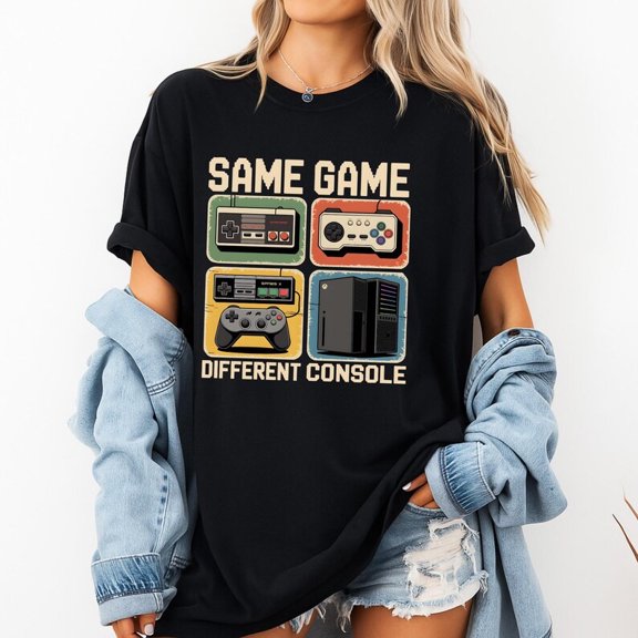 TOKAIPlus Same Game Different Console Shirt Funny Gamer Graphic Tee Retro Video Game T-Shirt Gift for Gamers Nerd Humor