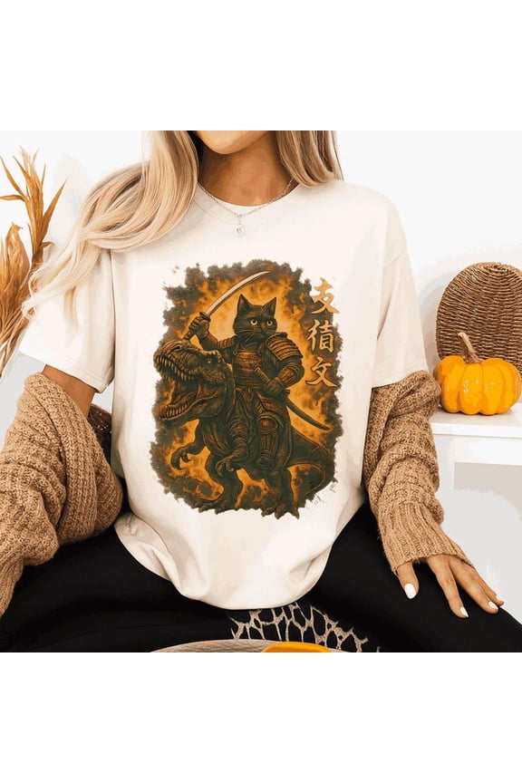 Samurai Cat Riding Dinosaur T-Shirt – Epic Warrior Cat Graphic Tee with Katana – Funny Fantasy Animal Shirt for and Art Lovers