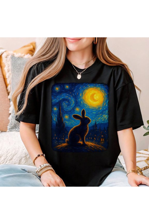 Starry Night Rabbit Shirt Van Gogh Bunny Graphic Tee Starry Sky Animal Art T-Shirt Nature Lover Gift for Rabbit Owners
