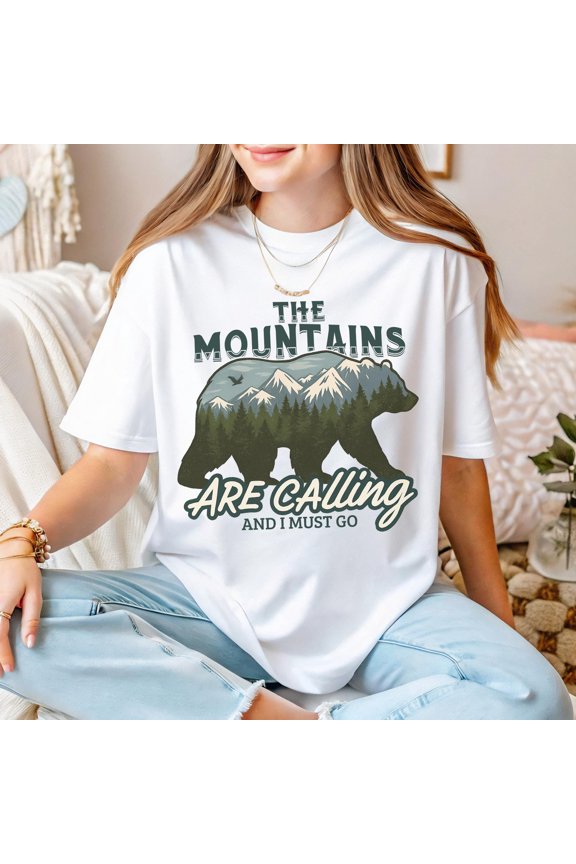 The Mountains Are Calling Bear Silhouette Hiking Adventure T-Shirt Nature Lover Gift for Campers Outdoor Wildlife and Mountain Tee
