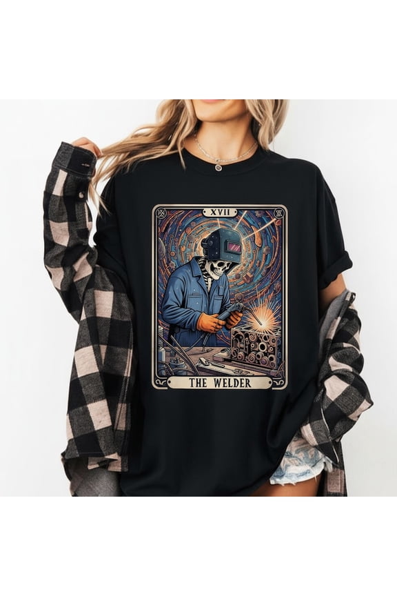 The Welder Tarot Card Skeleton T-Shirt, Welding Art Tee, Gothic Workwear Graphic Shirt, Gift for Welders and Metalworkers