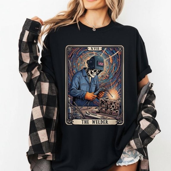 TOKAIPlus The Welder Tarot Card Skeleton T-Shirt, Welding Art Tee, Gothic Workwear Graphic Shirt, Gift for Welders and Metalworkers