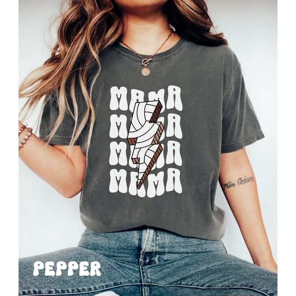 TOKAIPlus Volleyball mom shirt, tshirt for volleyball mama, game day shirt for sports mom, retro lightning bolt, gift for volleyball mom, sports mama